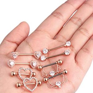 4 Pairs Stainless Steel Nipple Rings Tongue Ring Piercing Body Jewelry Barbell CZ Heart Shape Rings for Women (Rose Gold Bar and White Zirconia)