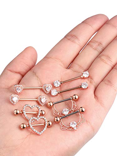 4 Pairs Stainless Steel Nipple Rings Tongue Ring Piercing Body Jewelry Barbell CZ Heart Shape Rings for Women (Rose Gold Bar and White Zirconia)