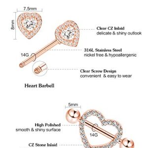 4 Pairs Stainless Steel Nipple Rings Tongue Ring Piercing Body Jewelry Barbell CZ Heart Shape Rings for Women (Rose Gold Bar and White Zirconia)