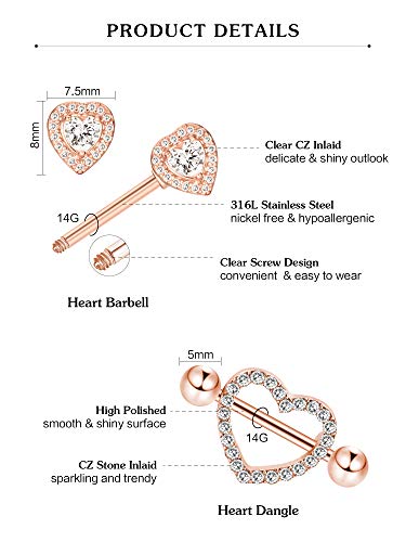 4 Pairs Stainless Steel Nipple Rings Tongue Ring Piercing Body Jewelry Barbell CZ Heart Shape Rings for Women (Rose Gold Bar and White Zirconia)