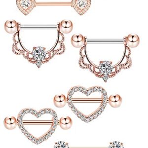 4 Pairs Stainless Steel Nipple Rings Tongue Ring Piercing Body Jewelry Barbell CZ Heart Shape Rings for Women (Rose Gold Bar and White Zirconia)