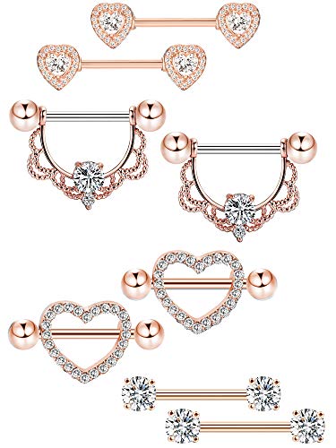 4 Pairs Stainless Steel Nipple Rings Tongue Ring Piercing Body Jewelry Barbell CZ Heart Shape Rings for Women (Rose Gold Bar and White Zirconia)