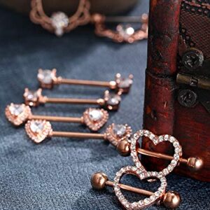 4 Pairs Stainless Steel Nipple Rings Tongue Ring Piercing Body Jewelry Barbell CZ Heart Shape Rings for Women (Rose Gold Bar and White Zirconia)