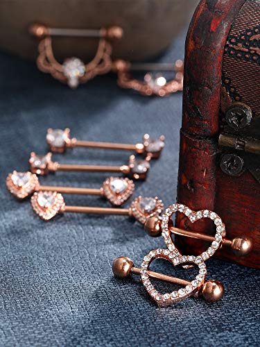 4 Pairs Stainless Steel Nipple Rings Tongue Ring Piercing Body Jewelry Barbell CZ Heart Shape Rings for Women (Rose Gold Bar and White Zirconia)