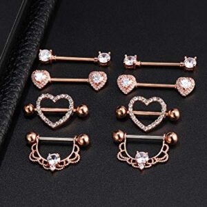 4 Pairs Stainless Steel Nipple Rings Tongue Ring Piercing Body Jewelry Barbell CZ Heart Shape Rings for Women (Rose Gold Bar and White Zirconia)