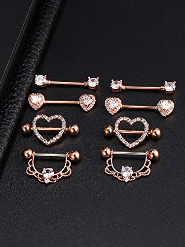 4 Pairs Stainless Steel Nipple Rings Tongue Ring Piercing Body Jewelry Barbell CZ Heart Shape Rings for Women (Rose Gold Bar and White Zirconia)