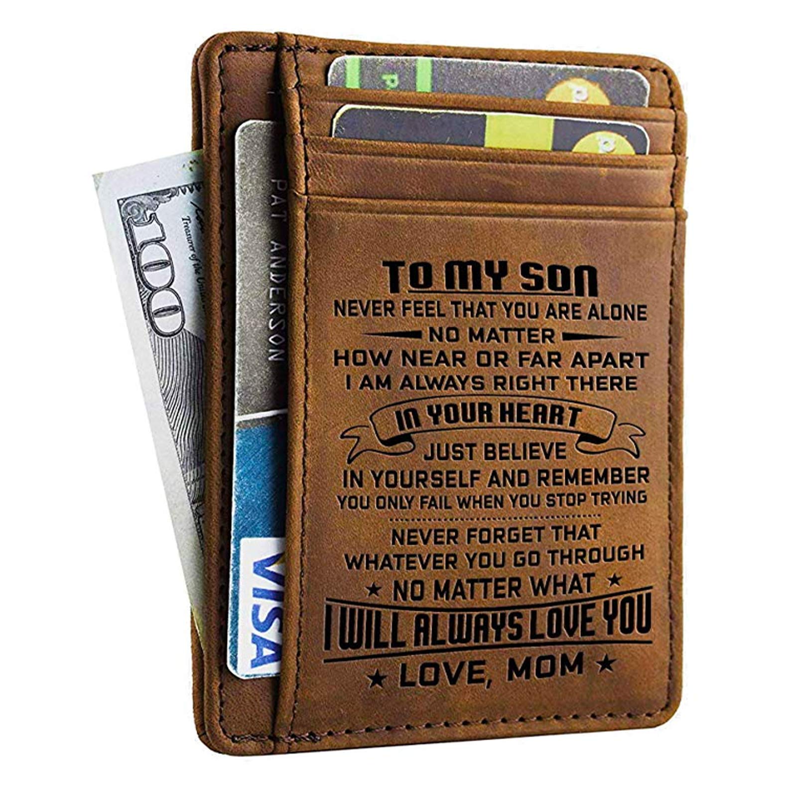 DOPTIKA Fathers Day Birthday Gifts For Men, Graduation Gifts For Son From Mom, Teen Boy Gifts For Young Men, To My Son Engraved Leather Wallet, Mens Wallets Leather, Slim Minimalist Wallets For Men