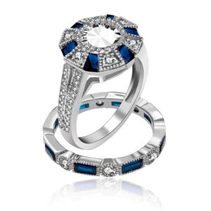 uloveido women's platinum plated baguette cut blue cubic zirconia 2 pcs engagement wedding band stacking rings set gift (size 6) rj497