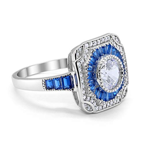 Art Deco Antique Style Ring Wedding Engagement Baguette Simulated Blue Sapphire Round Cubic Zirconia 925 Sterling Silver, Size-7