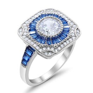 Art Deco Antique Style Ring Wedding Engagement Baguette Simulated Blue Sapphire Round Cubic Zirconia 925 Sterling Silver, Size-7