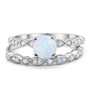 blue apple co. art deco style vintage two piece wedding engagement bridal set ring band round creatd white opal 925 sterling silver, size-8