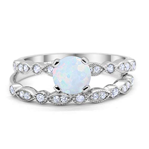 Blue Apple Co. Art Deco Style Vintage Two Piece Wedding Engagement Bridal Set Ring Band Round Creatd White Opal 925 Sterling Silver, Size-8