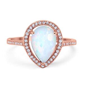 blue apple co. halo teardrop pear creatd white opal bridal ring rose tone 925 sterling silver, size-6