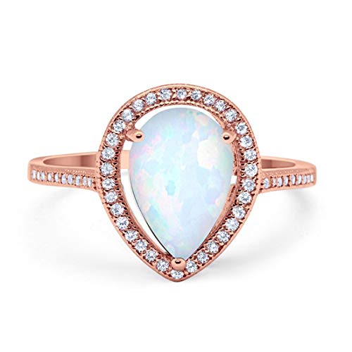 Blue Apple Co. Halo Teardrop Pear Creatd White Opal Bridal Ring Rose Tone 925 Sterling Silver, Size-6