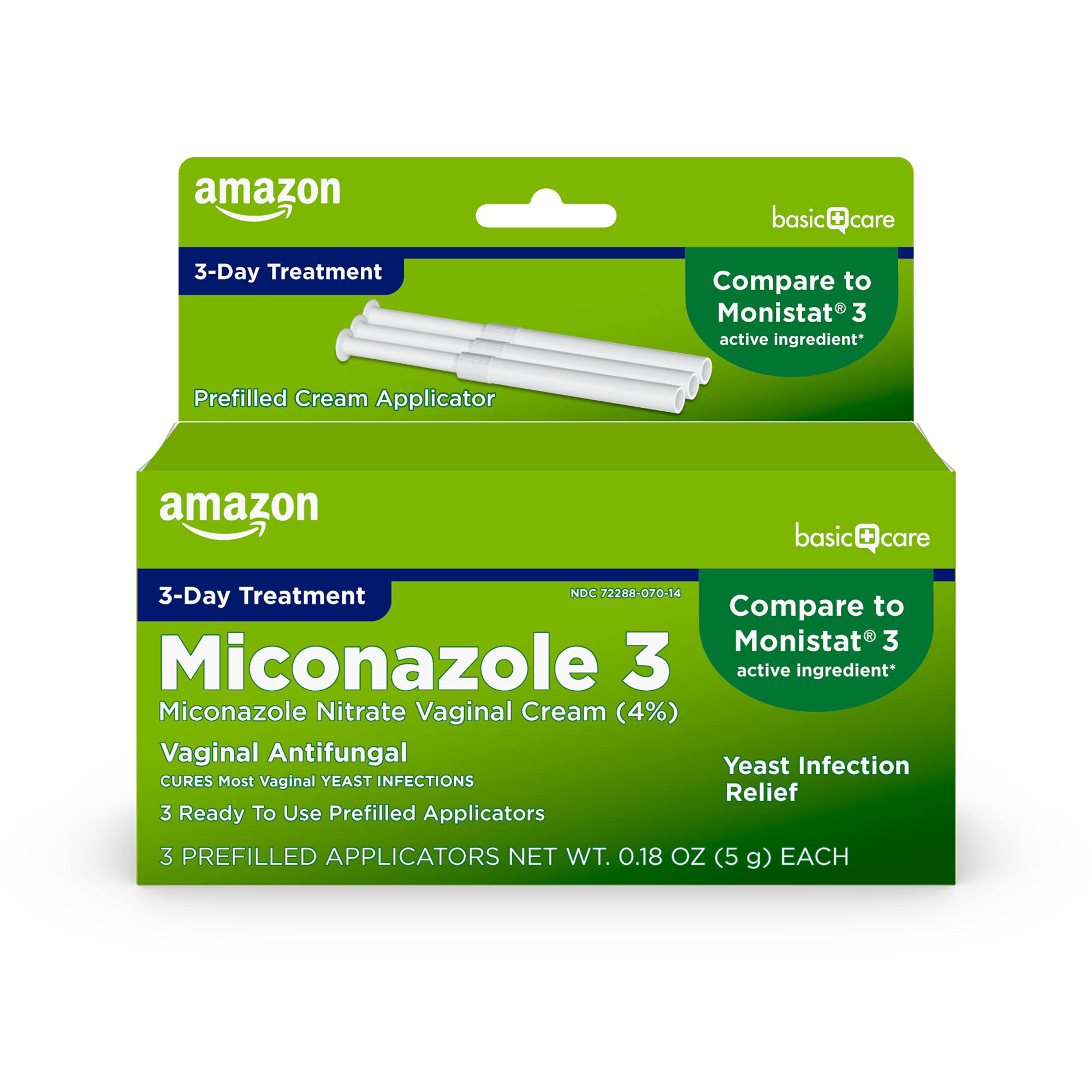 Amazon Basic Care Miconazole Nitrate Vaginal Cream (4 Percent), 3-day Yeast Infection Treatment for Women, 0.18 ounce - 3 Count(Pack of 1)