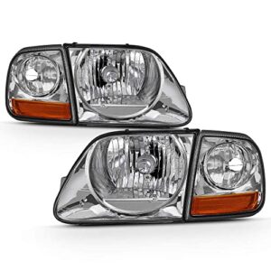 ACANII - For Chrome 1997-2003 Ford F150 Expedition Lightning Style Headlights w/Corner Signal Lights Lamps 4pcs Set