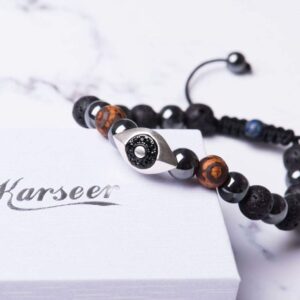 Karseer Vintage Silver and Black Plated Hamsa Evil Eye Reiki Bracelet Natural Hematite Agate Dzi Lava Rock Lapis Lazuli Beaded Macrame Adjustable Diffuser Bracelet