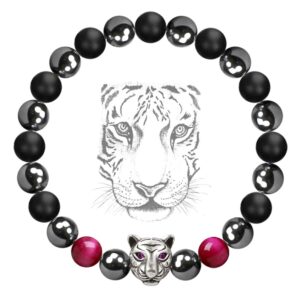 Karseer White Tiger Head Bracelet, Crystal and Healing Stones Rose Tiger Eye Magnetic Hematite Black Agate Therapy Energy Spirit Animal Stretch Bracelet for Women, Charkra Bracelet