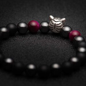 Karseer White Tiger Head Bracelet, Crystal and Healing Stones Rose Tiger Eye Magnetic Hematite Black Agate Therapy Energy Spirit Animal Stretch Bracelet for Women, Charkra Bracelet