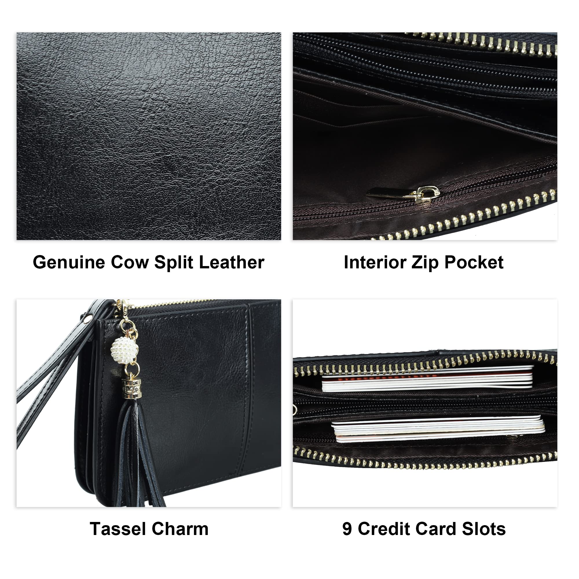 befen Black Women's Genuine Leather Wristlet Clutch Cell Phone Wallet Purses for Women, Trendy Evening Wallet Bags for iPhone 14 Pro Max