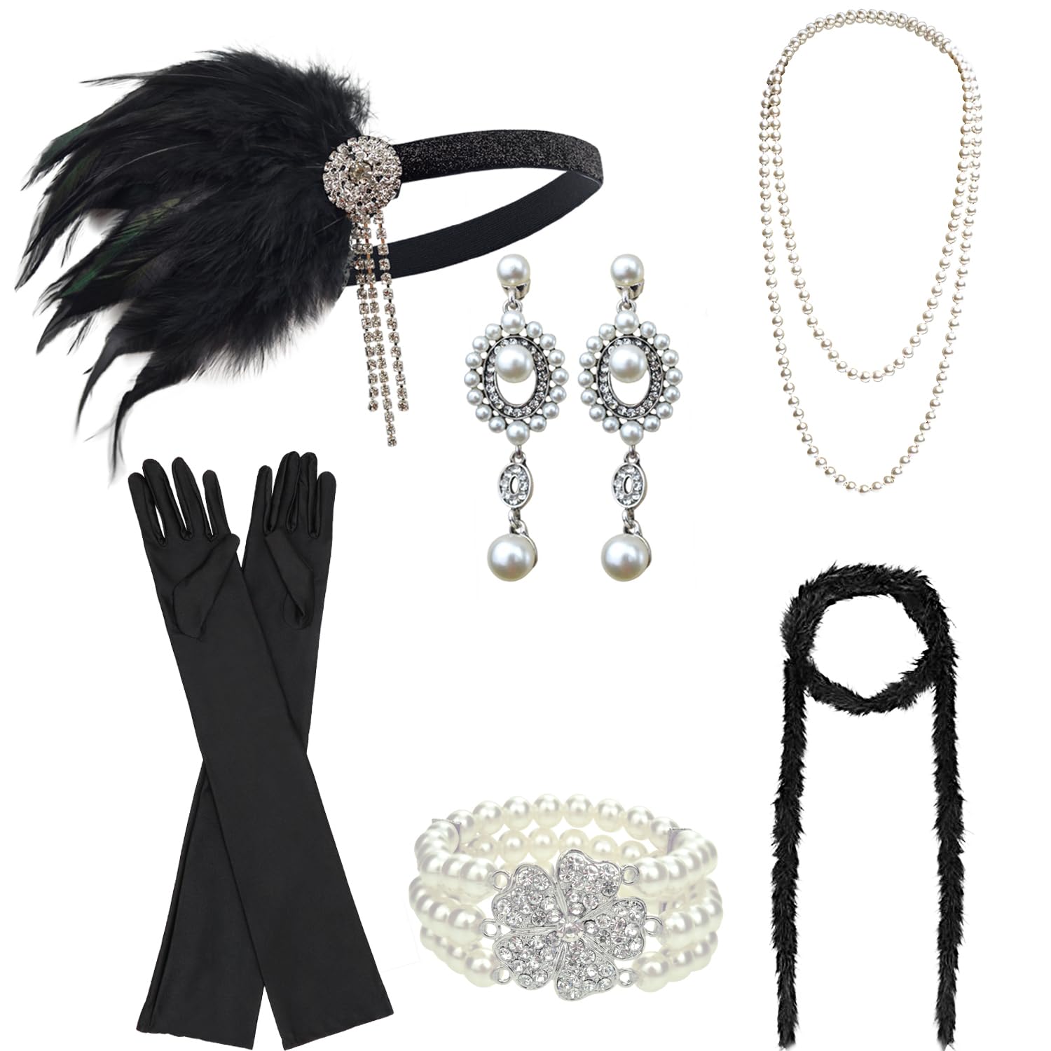 DRESHOW 1920s Great Gatsby Accessories for Women Flapper Headpiece Headband Gloves Costume Harlem Nights Accessories Set