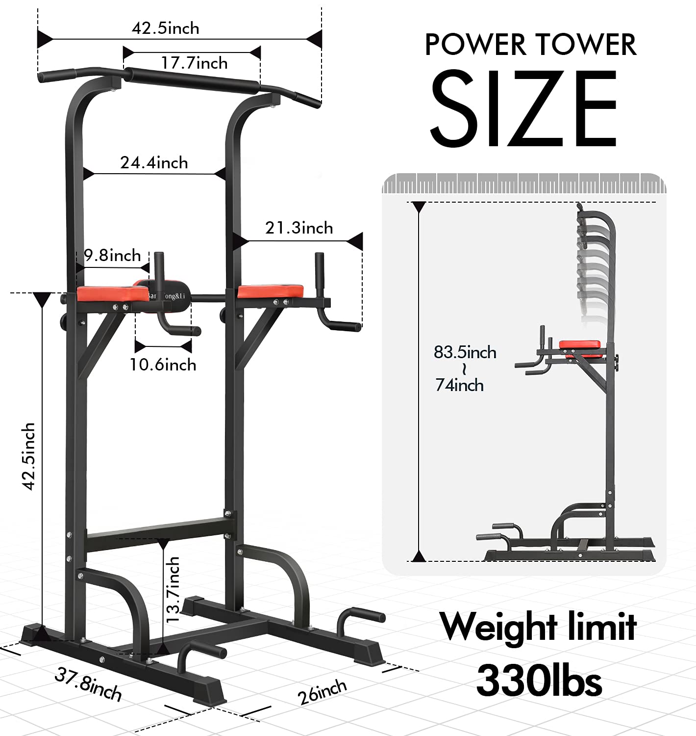 Power Tower, BangTong&Li Pull Up Bar Dip Station/stand for Home Gym Strength Training Workout Equipment(black+red)