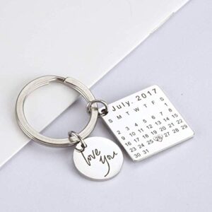 onlylove-handmade Personalized Engraved Calendar Date Keychain Custom Message Stainless Steel Keyring Memorial Keepsake Gift for Anniversary (Silver)