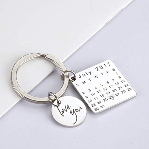 onlylove-handmade Personalized Engraved Calendar Date Keychain Custom Message Stainless Steel Keyring Memorial Keepsake Gift for Anniversary (Silver)