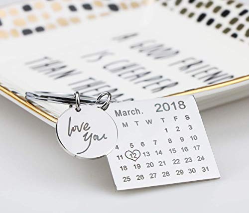 onlylove-handmade Personalized Engraved Calendar Date Keychain Custom Message Stainless Steel Keyring Memorial Keepsake Gift for Anniversary (Silver)