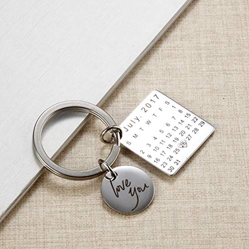 onlylove-handmade Personalized Engraved Calendar Date Keychain Custom Message Stainless Steel Keyring Memorial Keepsake Gift for Anniversary (Silver)