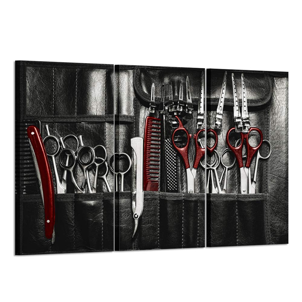 KREATIVE ARTS Large 3 Pieces Modern Canvas Painting Wall Art Vintage Classic Barber Shop Tools Pictures in Black and Red Style Posters and Prints Artwork Great Gift