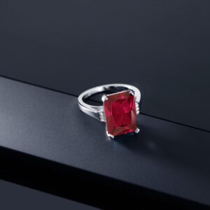 Gem Stone King 925 Sterling Silver Red Created Ruby Ring For Women (5.07 Cttw, Emerald Cut 14X10MM, Available in size 5, 6, 7, 8, 9)