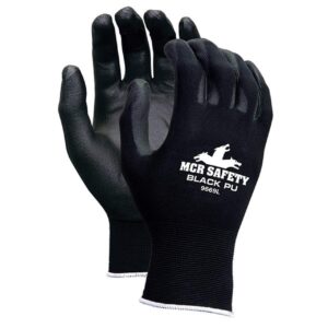 mcr safety work gloves 13 gauge black nylon shell, black polyurethane palm and fingers, 9669 (12 pair) (xl)