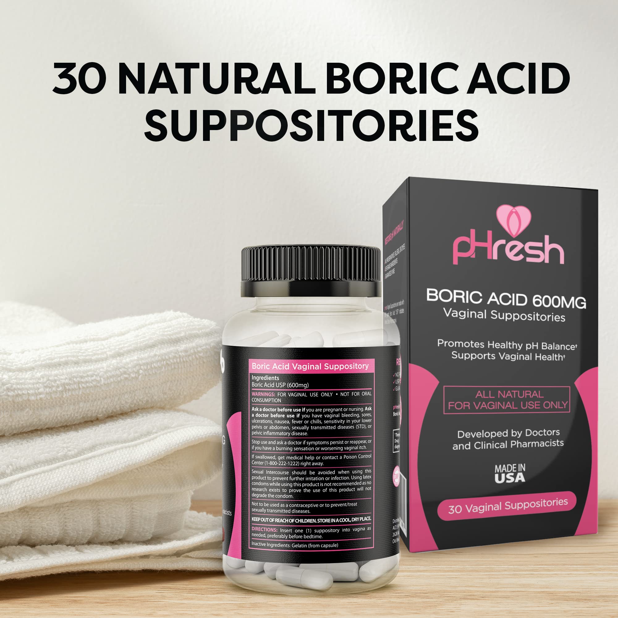 ACE NUTRITION pHresh Boric Acid Suppositories for Women, Suppositories for Odor Use, Natural Feminine Care Supports Vaginal Health & Promotes Healthy pH Balance - Made in USA