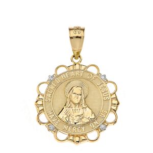 Solid 14k Gold Sacred Heart Of Jesus Diamond Religious Medal Pendant