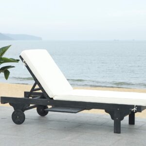 SAFAVIEH Outdoor Collection Newport Black/ Beige Cushion Built-in Side Table Adjustable Chaise Lounge Chair