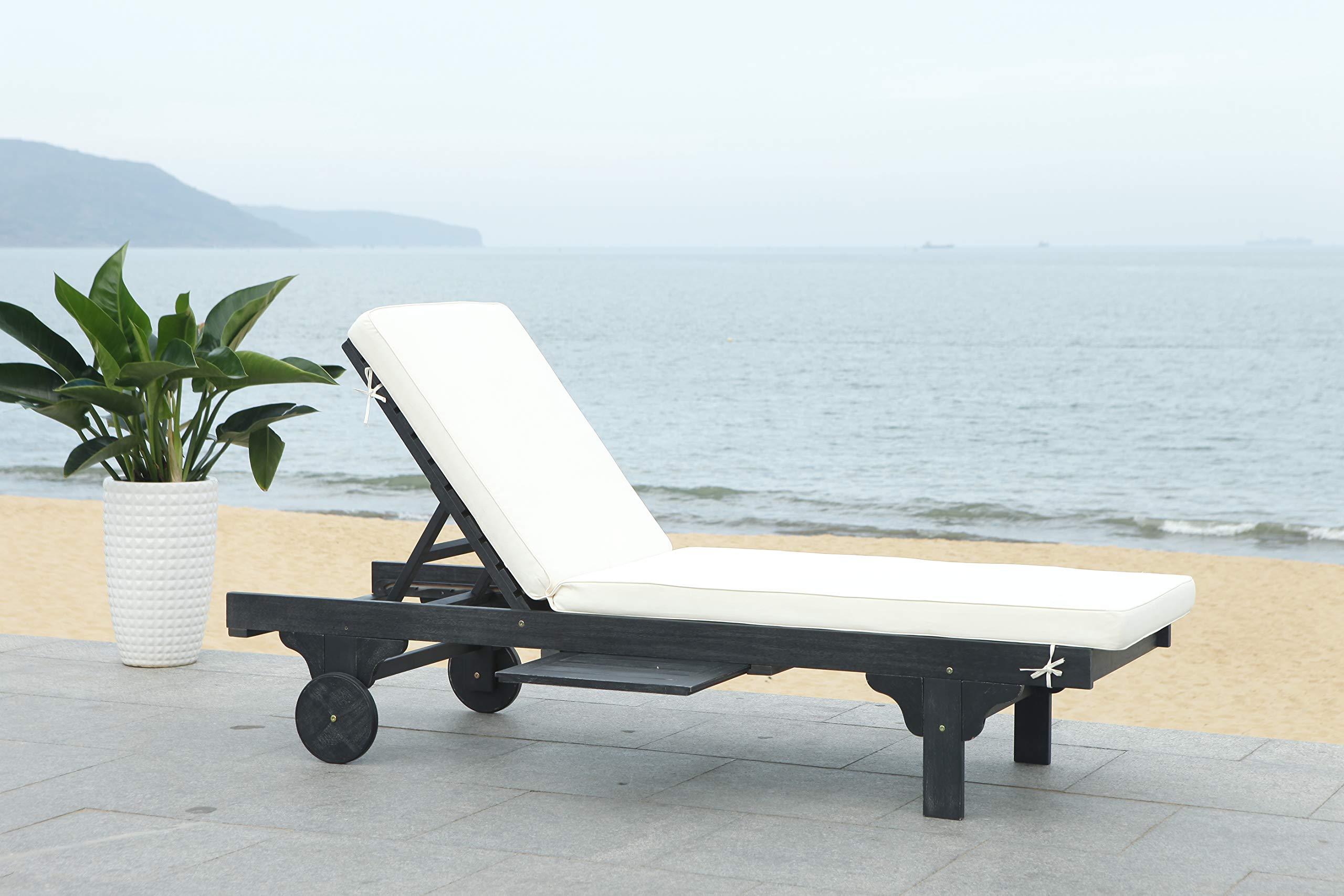 SAFAVIEH Outdoor Collection Newport Black/ Beige Cushion Built-in Side Table Adjustable Chaise Lounge Chair