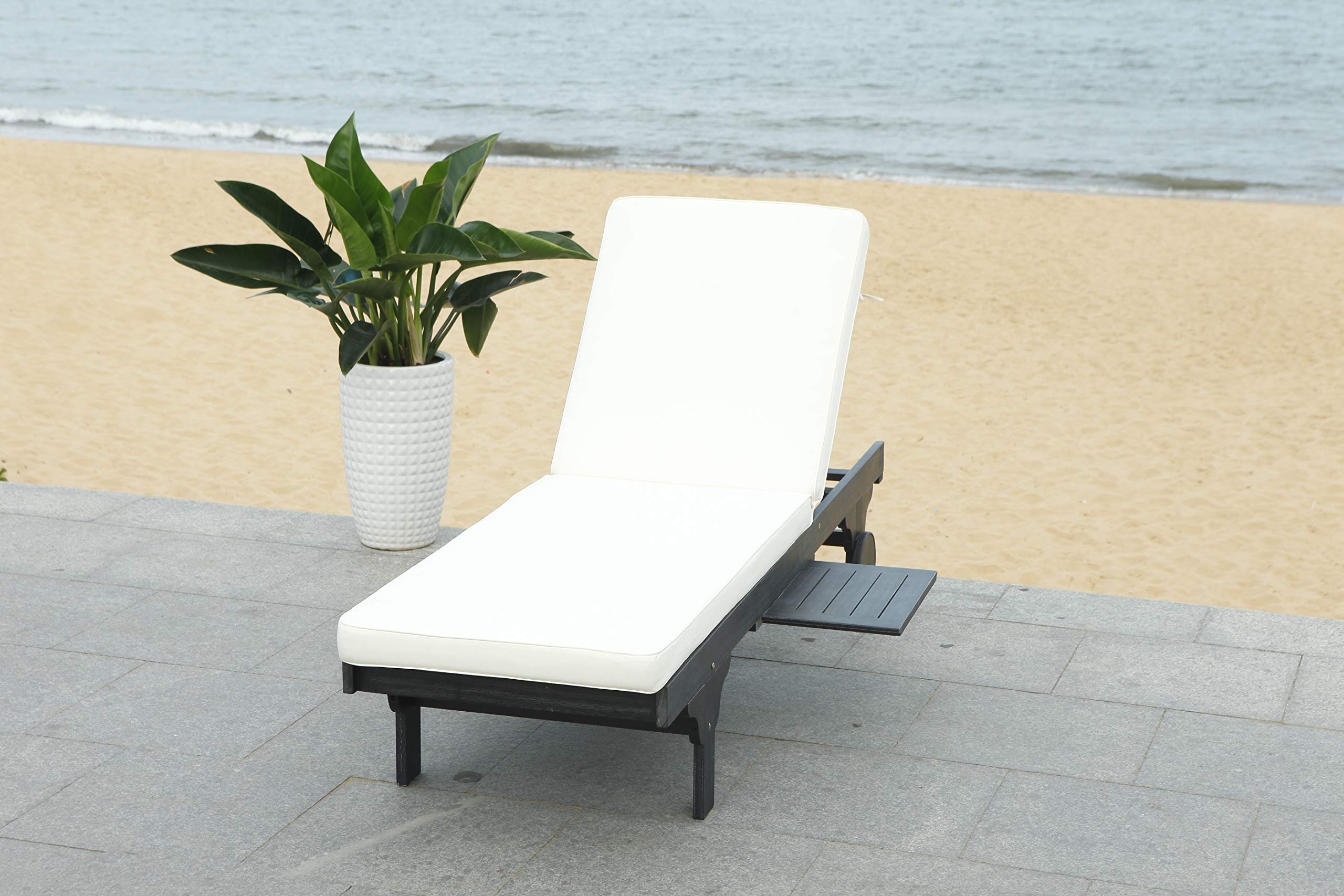 SAFAVIEH Outdoor Collection Newport Black/ Beige Cushion Built-in Side Table Adjustable Chaise Lounge Chair