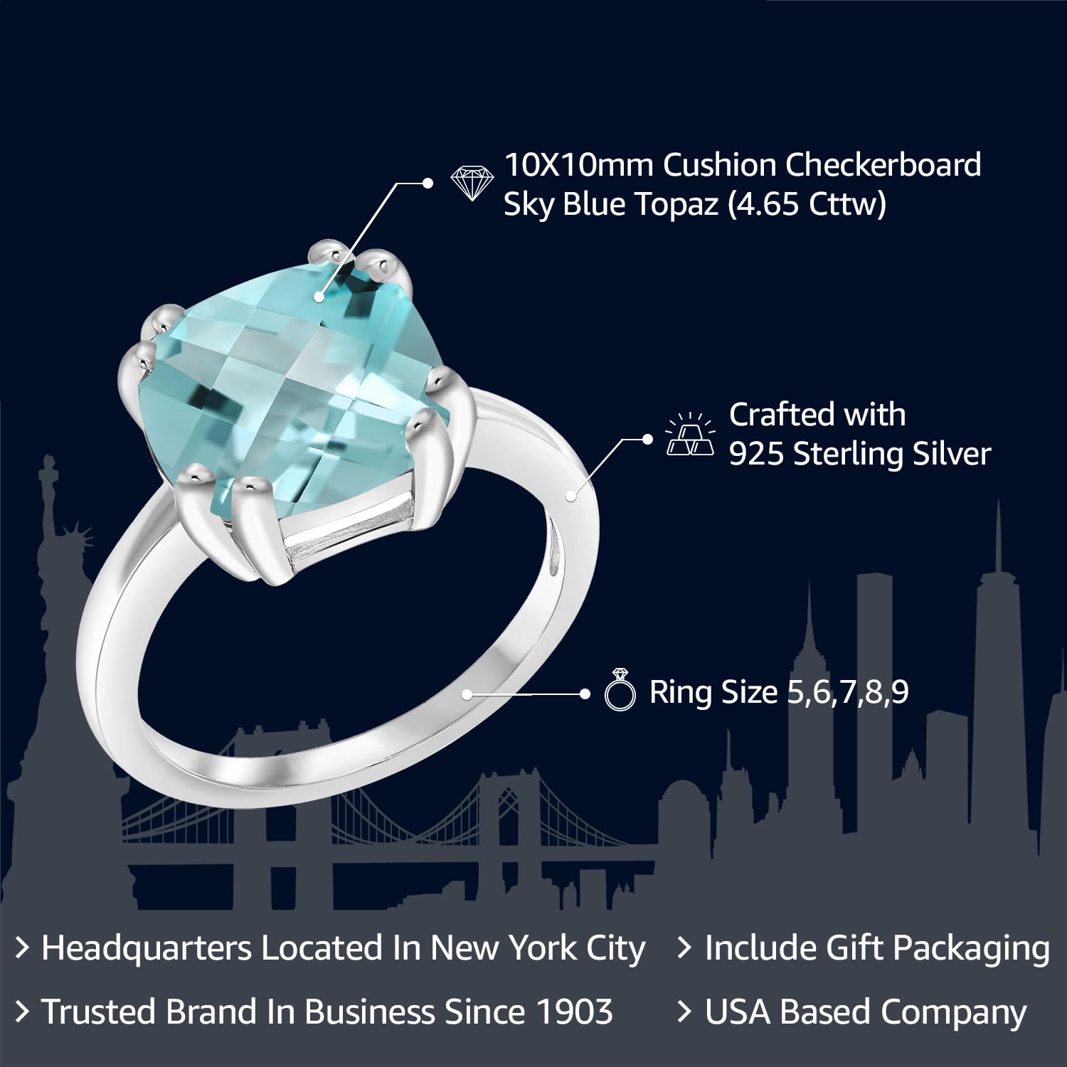 Gem Stone King 925 Sterling Silver Sky Blue Topaz Double Prong Ring For Women (4.65 Cttw, Cushion Checkerboard 10MM, Gemstone Birthstone, Available in size 5, 6, 7, 8, 9)