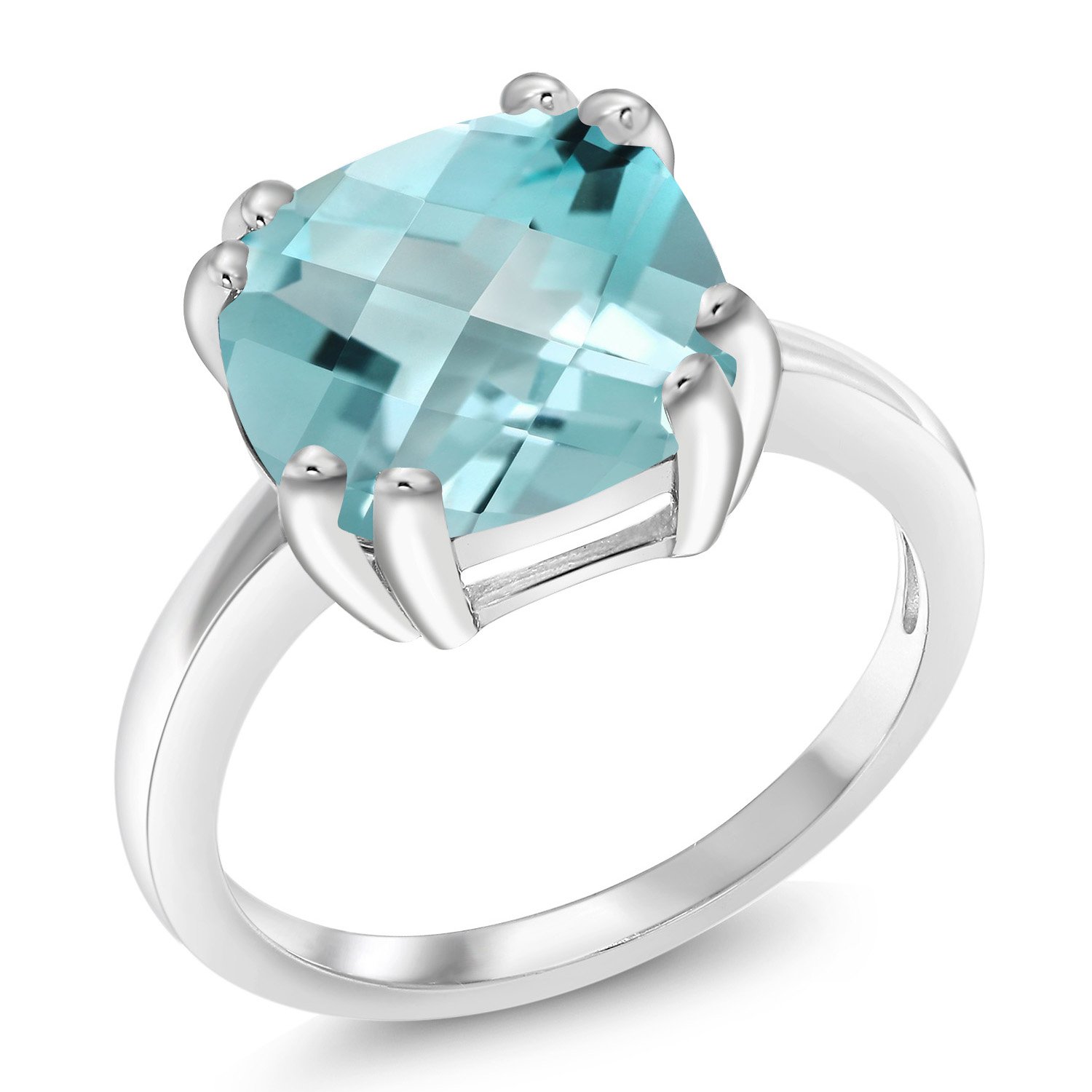 Gem Stone King 925 Sterling Silver Sky Blue Topaz Double Prong Ring For Women (4.65 Cttw, Cushion Checkerboard 10MM, Gemstone Birthstone, Available in size 5, 6, 7, 8, 9)