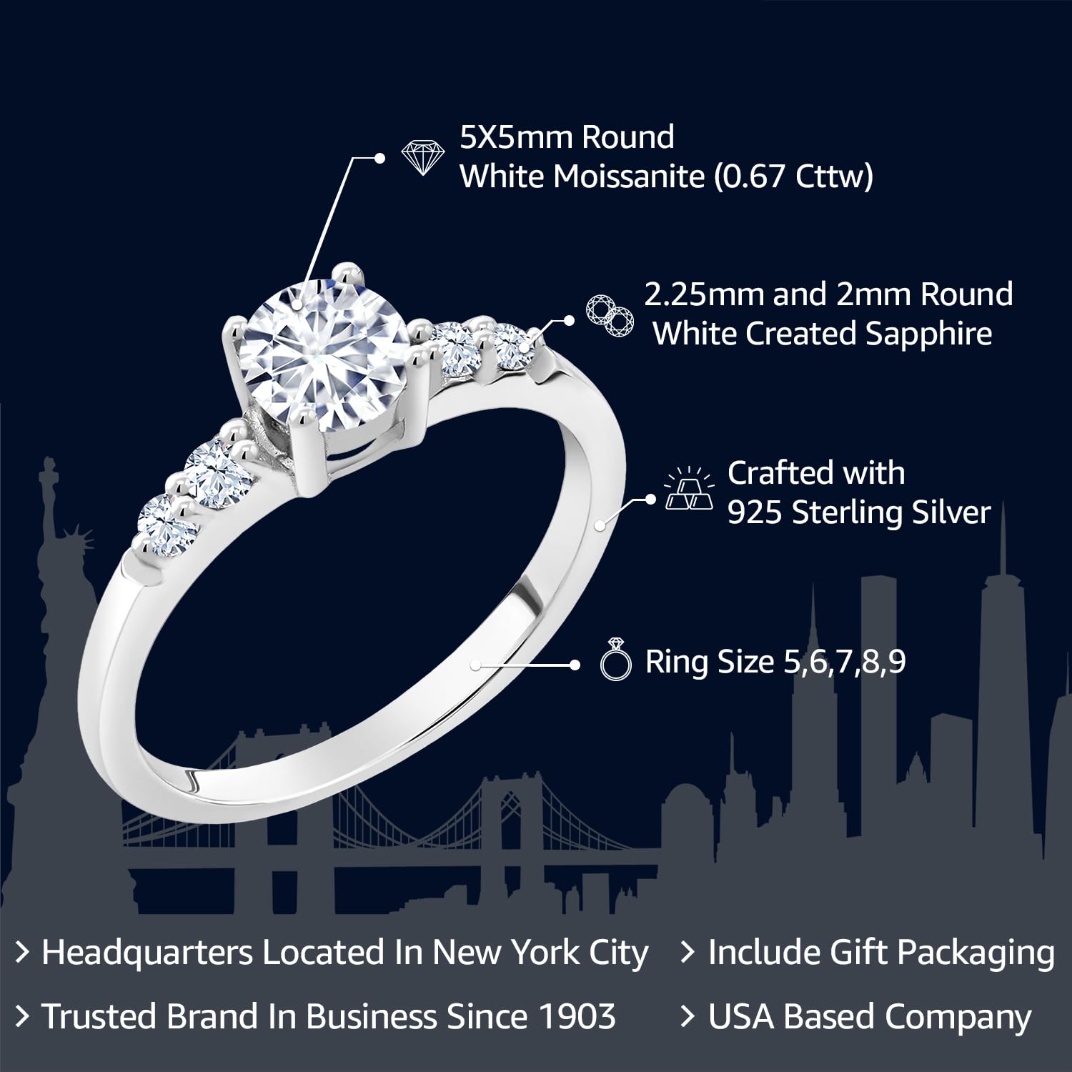 Gem Stone King 925 Sterling Silver White Moissanite and Created Sapphire Engagement Ring For Women (0.67 Cttw, Round 5MM, Available In Size 5,6,7,8,9)