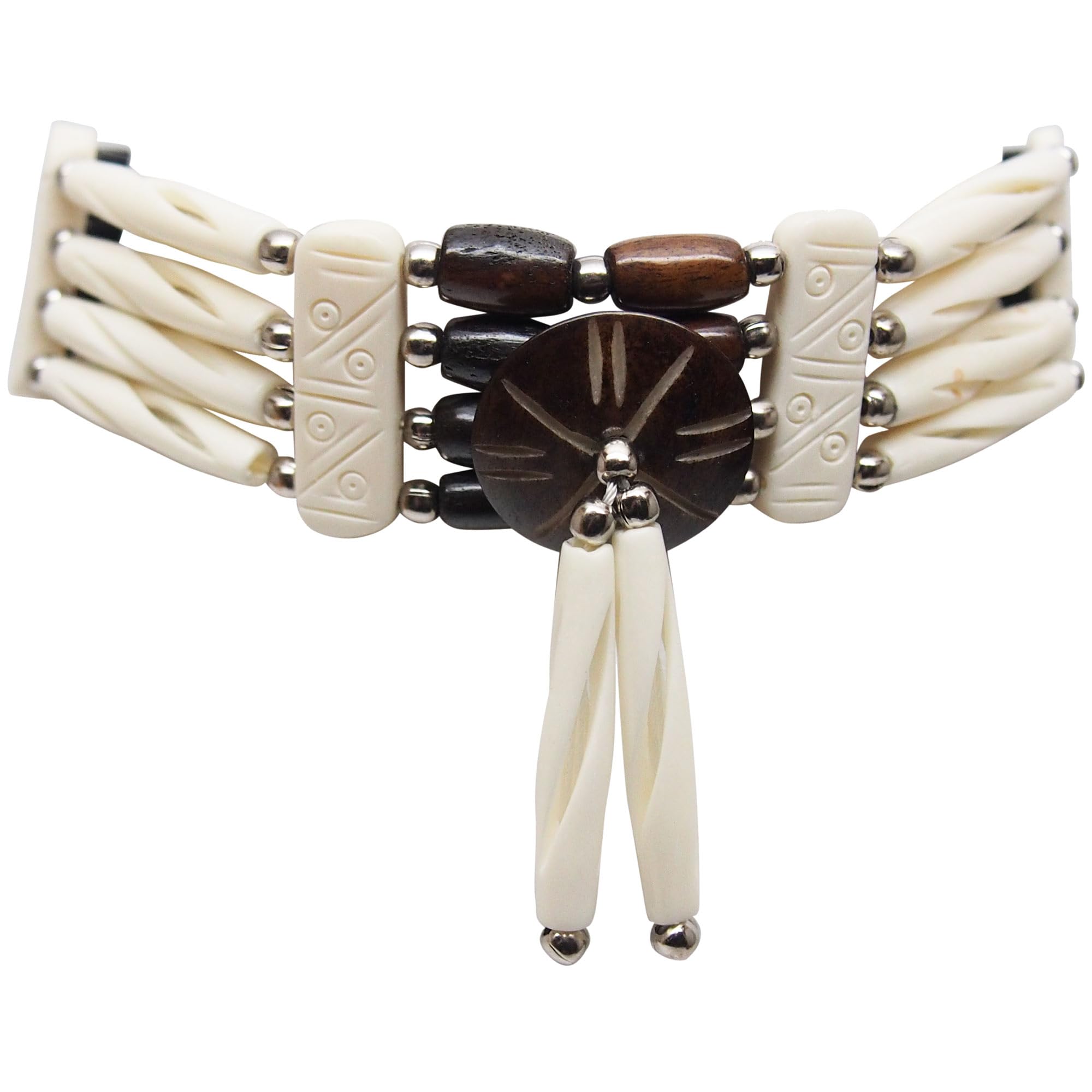 outROAR Gear American Indian Style Bone Choker Necklace, 4 Row Two-Tone Carved Traditional Hairpipe Beads, Unisex Adjustable