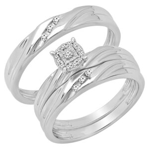 Dazzlingrock Collection 0.15 ctw Round White Diamond Halo Style Trio Ring Set in 925 Sterling Silver, Women Size 7 & Men Size 10