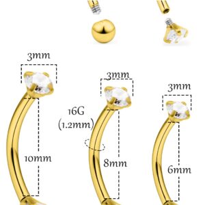 Ocptiy 16G Gold Rook Eyebrow Piercing jewelry Daith Earring Stainles Surgical Steel Curved Barbell Vertical Labret Lip Snake Frog Eye Tongue Belly Button Ring Piercing Jewelry Men Women 6mm 8mm 10mm