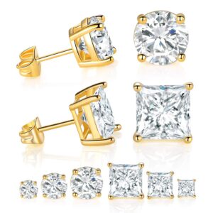 DwearBeauty 6 Pairs Gold Plated Cubic Zirconia Earrings Pack，Round Cut and Princess Cut Earrings for Men and Women