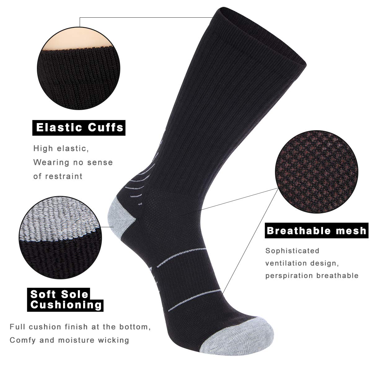 COOVAN Men's 6P-Pack Premium Athletic Crew Socks Men Thick Cushion Casual Work Sock With Moisture Wicking Black 6 Fits mens shoe size 7-13