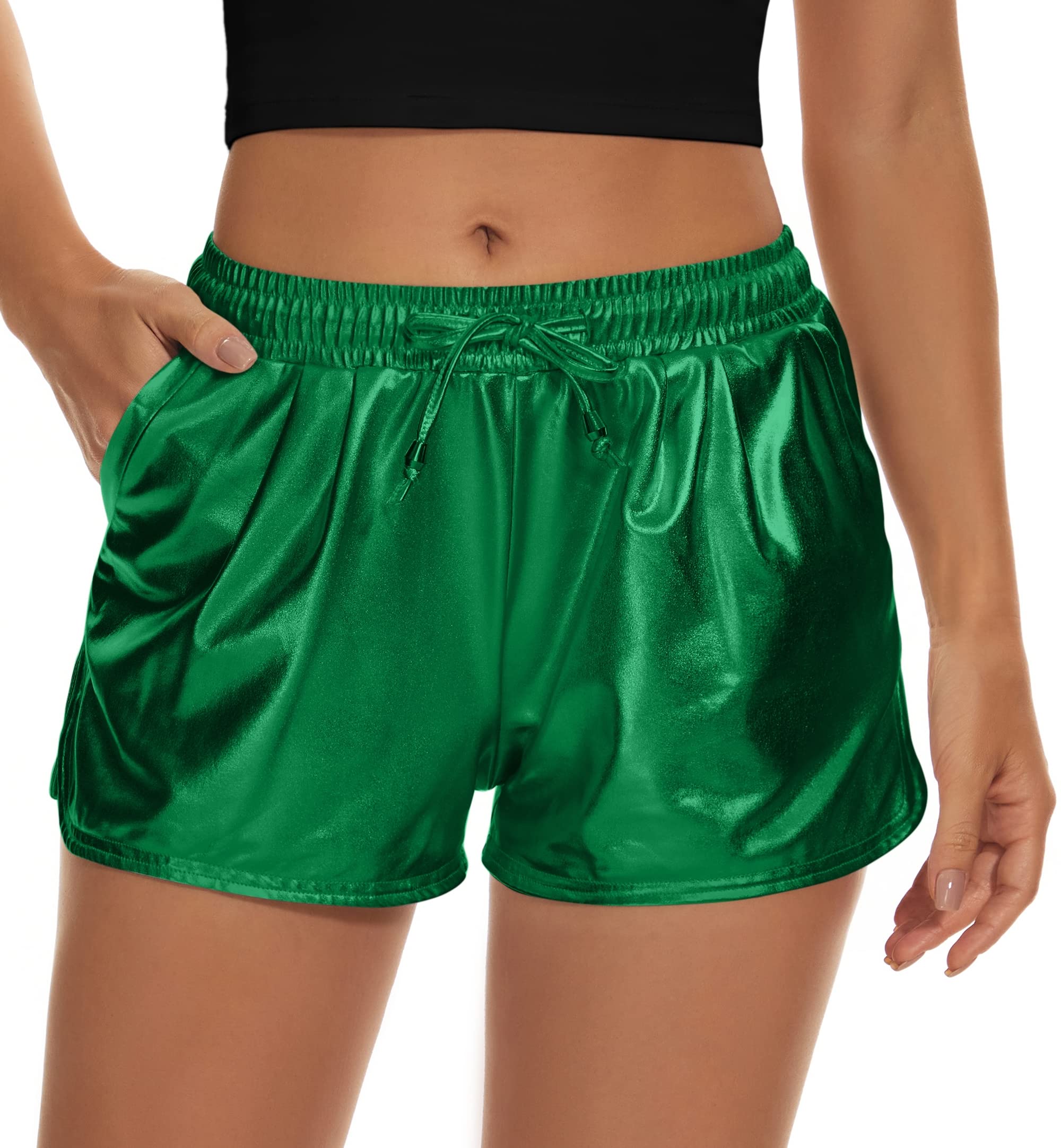 Taydey Women's Yoga Hot Shorts Shiny Metallic Pants(Green,XL)