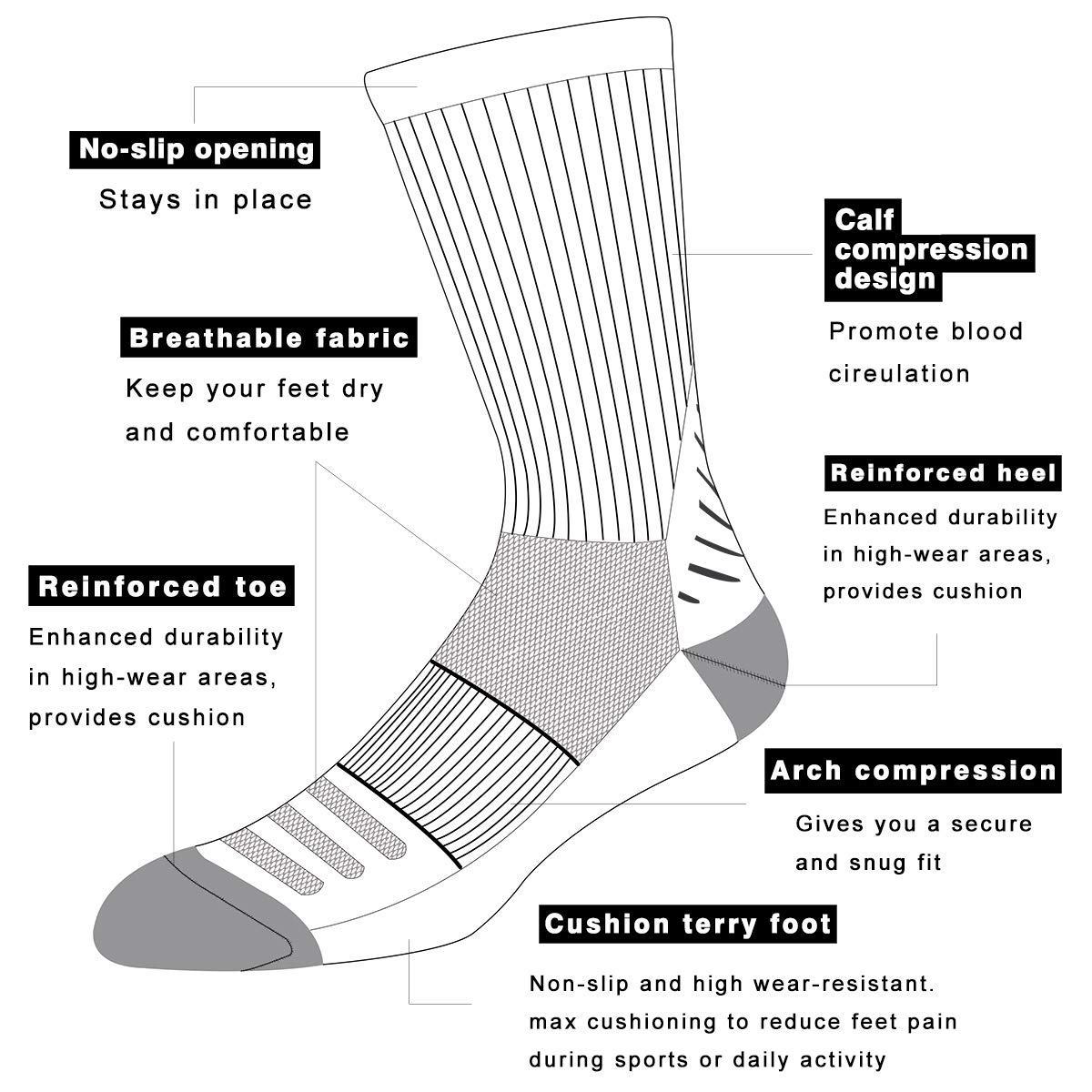 COOVAN Men's 6P-Pack Premium Athletic Crew Socks Men Thick Cushion Casual Work Sock With Moisture Wicking