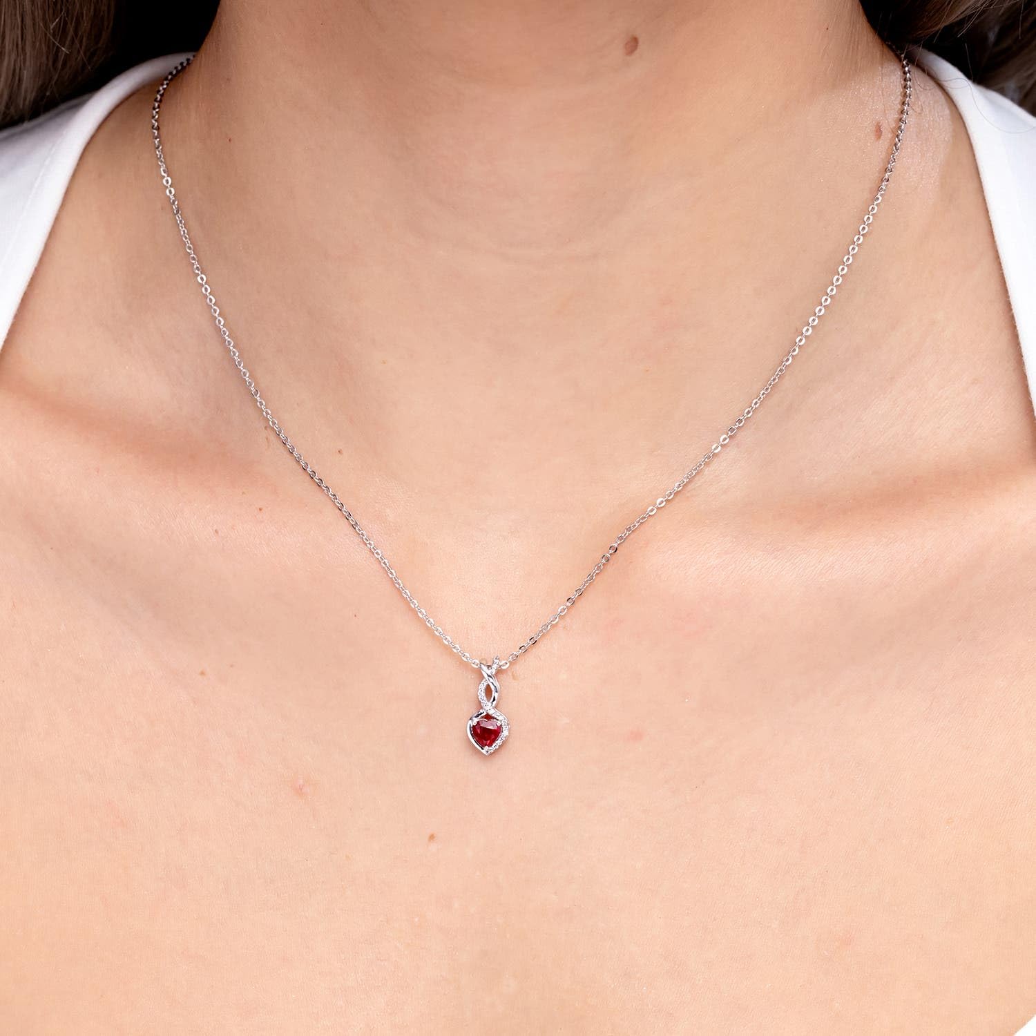 Angara July Birthstone - Ruby Infinity Heart Pendant Necklace with Diamonds in 14K Rose Gold (4mm Ruby)