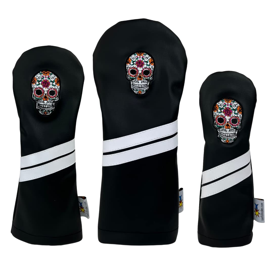 Sunfish Sugar Skull Black Leather Golf Headcover Set Driver Fairway Hybrid